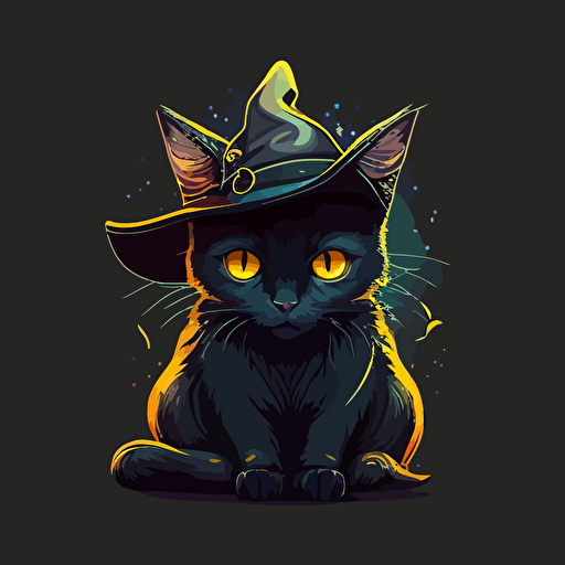 illustration of a cute black cat with yellow eyes, digital art, high quality. cat wearing a witch hat comic style vector