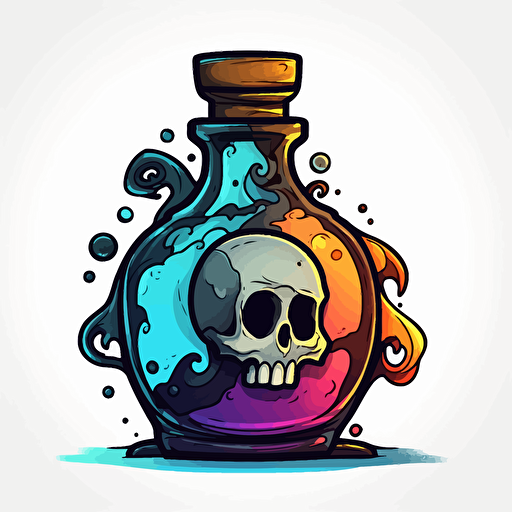 Digital illustration of logo with black outline, white background, cute, colorful cel-shaded potion bottle in Pixar style, prop design, contour, vector art