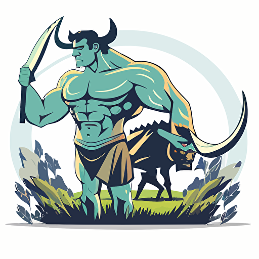 minotaur with a dairy cow in a field, vector logo, vector art, emblem, simple cartoon, 2d, no text