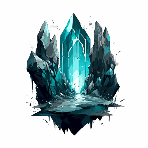 stylized turquoise-color illustration vector dark fantasy art clean / black and turquoise with white accents on a white background / showing a massive geode cave landscape with large, reflective faceted organic beautiful pointed crystals, holding a wide ocean extending to the bottom edge of the image