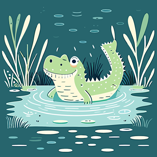 happy baby alligator swimming in a river, flat color vector art