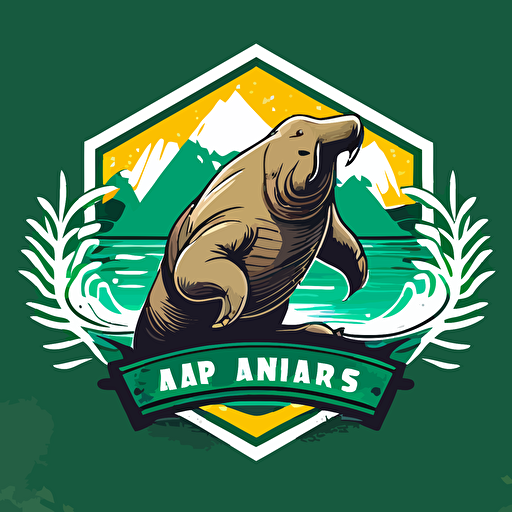 make a vector sport logo with a young happy walrus in a green triangle background