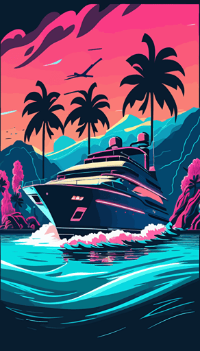 luxury motor yacht on see, waves, islands, flat abstract minimalistic vector style, vibrant neon colors, pink, light blue