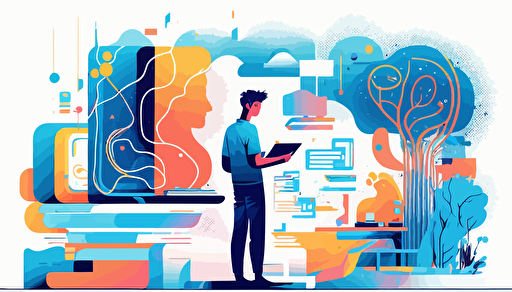 A student and the various new technologies available to learn, editorial illustration, minimal art style, flat, 2D vector style, vibrant colors, blue palette, modern art
