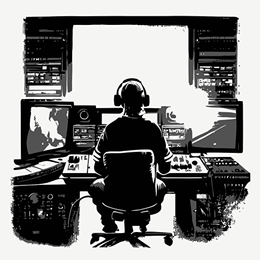 vector illustration of a person seated in a control room, black and white, white background