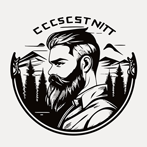 black and white Logo, vector art, vectorised, minimalism, clean SVG. inscrtiption saying "Mount cleverest". Picture showing simple lineart woodworking man with beard