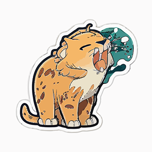 die-cut sticker, cute kawaii smilodon spitting sticker, white background, illustration minimalism, vector, oceanic tones