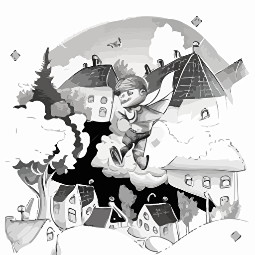 Little boy flying above houses and trees higher in the sky . black and white vector illustration. Cheerful image