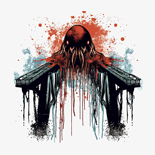 horror logo of a monster under a rickety bridge, splatter art, vector,