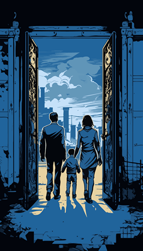 vector image of a family welcoming their father and husband leaving prison, heartfelt, blue and white and dark grey, graffiti style