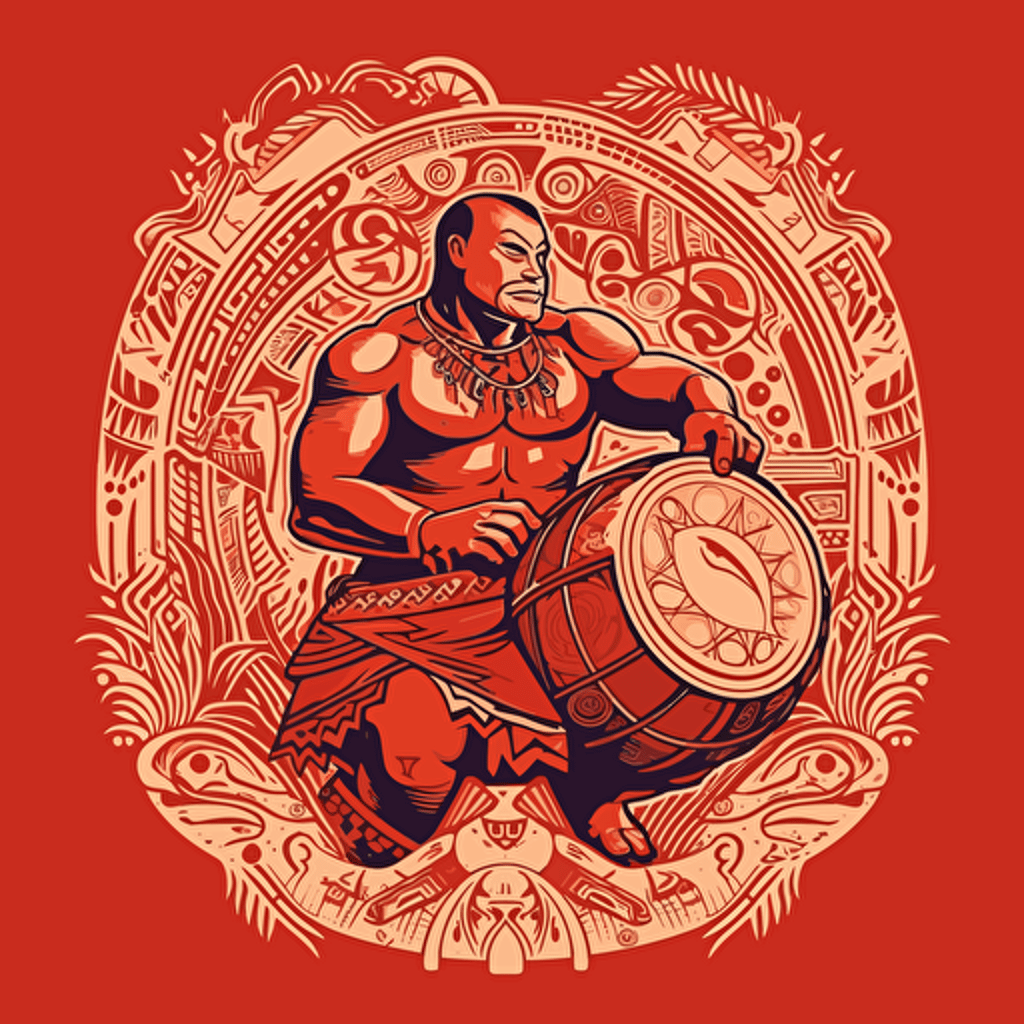 Craft a striking one-color vector illustration that showcases an exuberant Tongan warrior skillfully playing the traditional Tongan drums, known as nafa, while embodying the authentic cultural elements and vibrant heritage of Tonga.