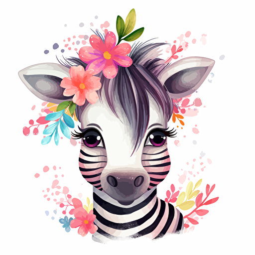 cute zebra, floral, detailed, cartoon style, 2d watercolor clipart vector, creative and imaginative, hd, white background