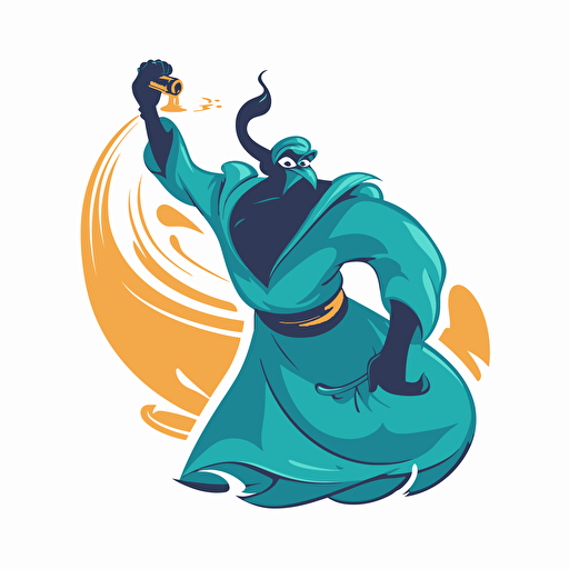 vector logo of a genie coming out of a genie bottle, with a broom in its hands