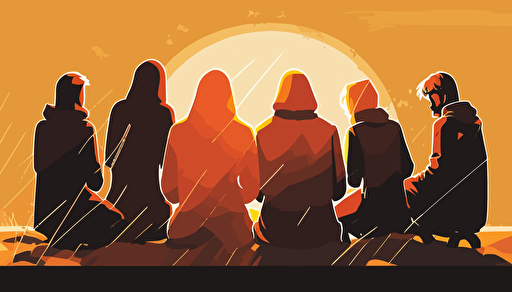 vector art, animated people, group, praying together, sunny background