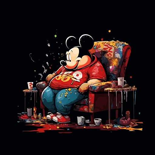 sad, melancholy mood, obese Mickey mouse sitting on couch watching TV in his boxers. Giant burger on the table. Trashy apartment. High detail. 16k. Vector image. Drawing. Black background. Five o clock shadow. Melting. Paint splatter. Drips.