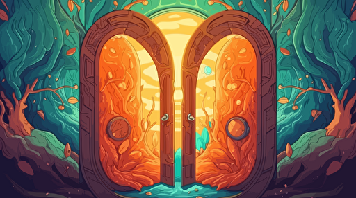 Cozy fantasy illustration. Two large curved portal doorways touching at angle, situated in the middle of the frame, with both doorways leading to other worlds. The left door opening to a town with creatures. The right opening to colorful wildlands, with leaves blowing through the doorway. Vector illustration. 2D hand drawn cartoon animation style with bright colors.