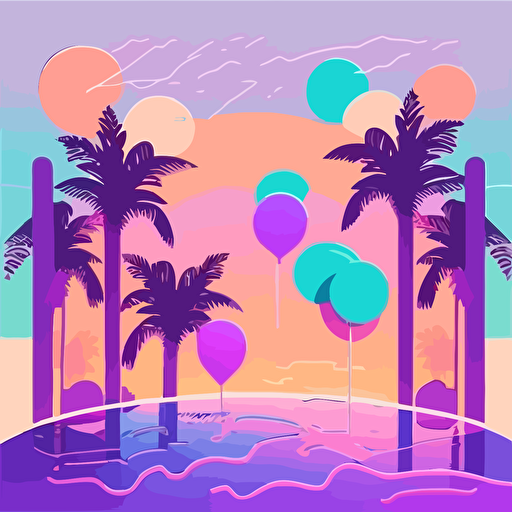 pool party, comic style, pastel colors, violet, coctails, palms, sunset, vector, flat background