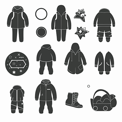 A collection of pictograms consisting of: a pair of shoes, a bagpack, pants, jacket, a beanie, gloves. The collection is meant to be easy to understand with easy shapes. Targetgroup: Kids age 3 to 7, gender-neutral. Specifications of image: Vector-art in 2D. No colors. Black and white only.