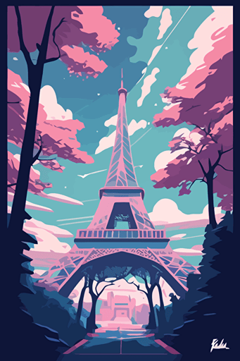 flat vector art illustration | travel poster featuring | Eiffel Tower Paris | Pastel Blues, Pinks, Purples | Wide Angle