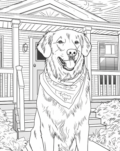 draw a happy golden retriever at the front door of a nice house, wearing a bandana, vector art style, white background