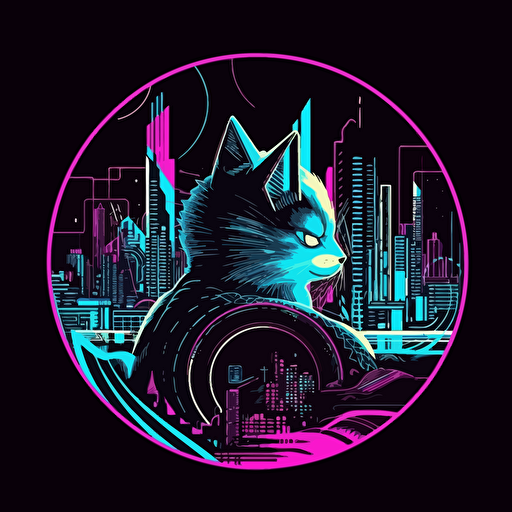 cyber neon anime style cat city street, inspired by blade runner, vectors. Design in circle with transparent backround