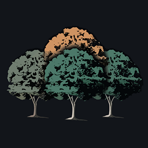 five color logo of four different oaks trees, side by side, it has to be asymmetric, simple, elegant, green color palette, on a dark gray #444654 background, design is vector style,