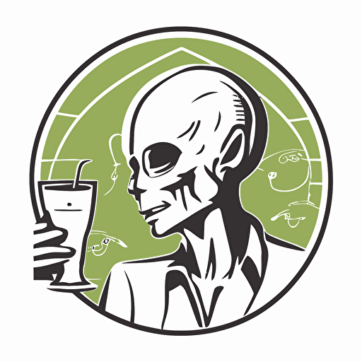 alien at a frat party, vector logo, vector art, emblem, simple cartoon, 2d, no text, white background