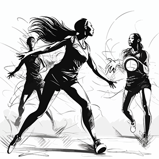 girls playing volleyball,vector black and white illustration,