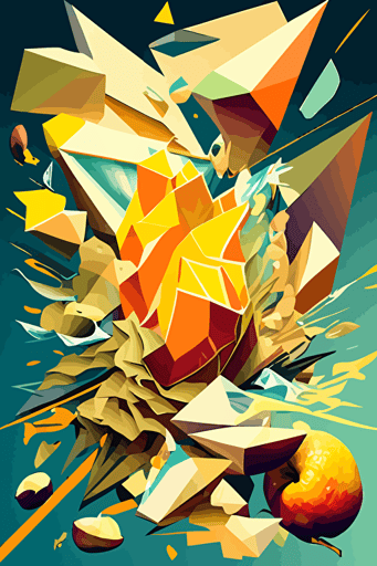 mango and hops explosion, inferno, Neo-Cubism, layered overlapping geometry, geometric fauvism, layered geometric vector art, maximalism; V-Ray, angular oil painting