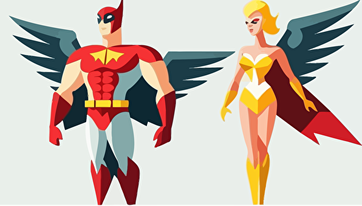 a female and a male androids flying together, with eagle wings, and a red and yellow costume, friendly smiling, volonteer, vector style
