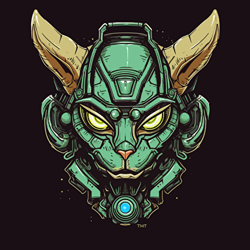 Logo, Menacing, Alien Mecha Cat, Sphynx, Iron Skin, Green Eyes, Big Ears, Vector Style, Robotics,