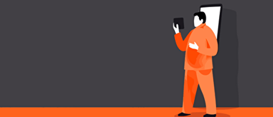 a prisoner in an orange jumpsuit with tablet in his hand, riot in background, simple colors, vector art, flat drawing, hand-drawn