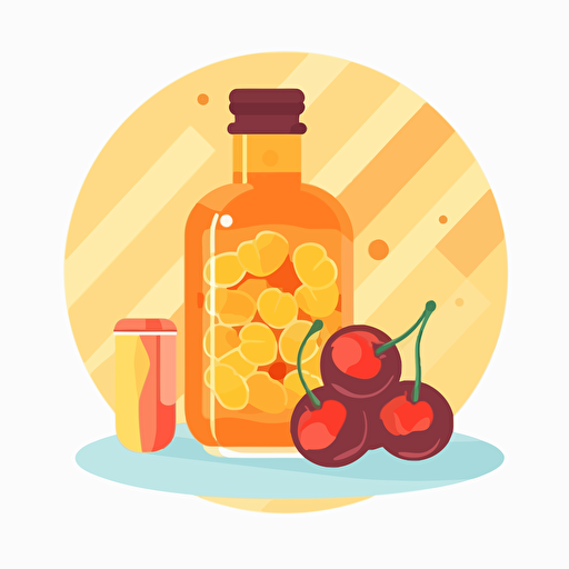 A single spheric glass bottle containing a piece of honey combs and and a pair of cherries. Flat vector illustration in the style of Kurzgesagt.