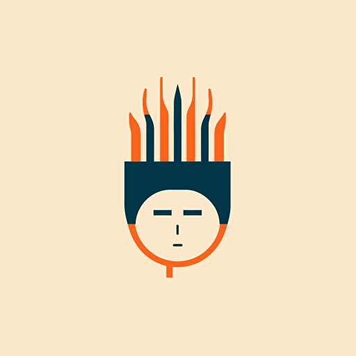 minimalistic vector logo by Paul Rand, front face view of friendly robotic AI with hair of fire, flat, modern, clean, 3 colors