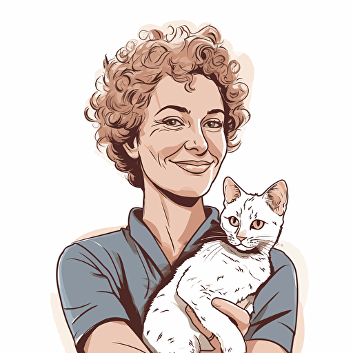 vector art style, 42 year old white female exec, short curly hair, holding a cat, in the style of Michael Parks