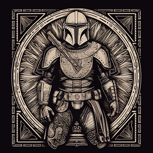the mandalorian all silver armour, logo in the style of shepard Fairey, vector art, lino cut style, monochromatic, grain effect,