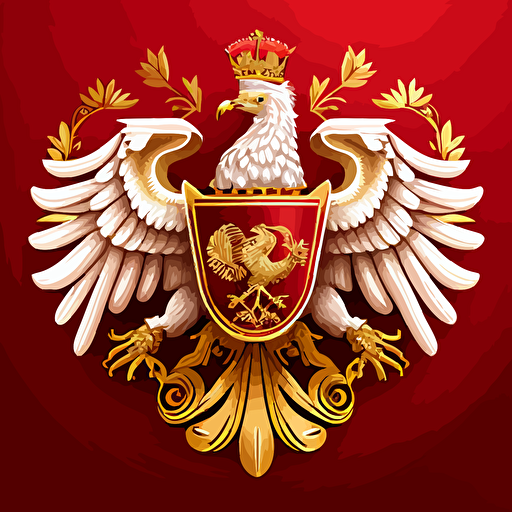 detailed, vector symbol of white eagle with golden crown on red background