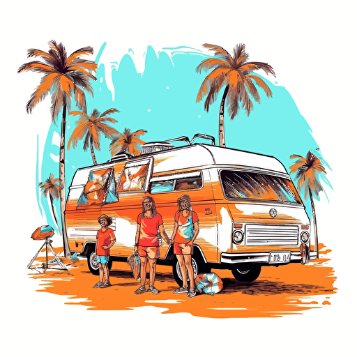vivid color vector drawing of camping camper van, karavan, with a happy family, beachside, close to the sea, palms, on white background