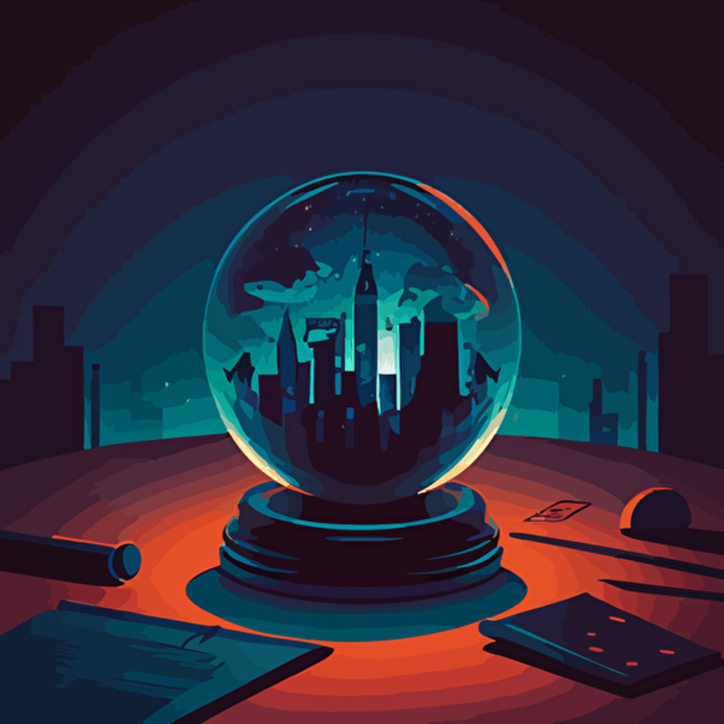 an illustrated scene of a magic ball in a business scenario on a table surface. vector, moody