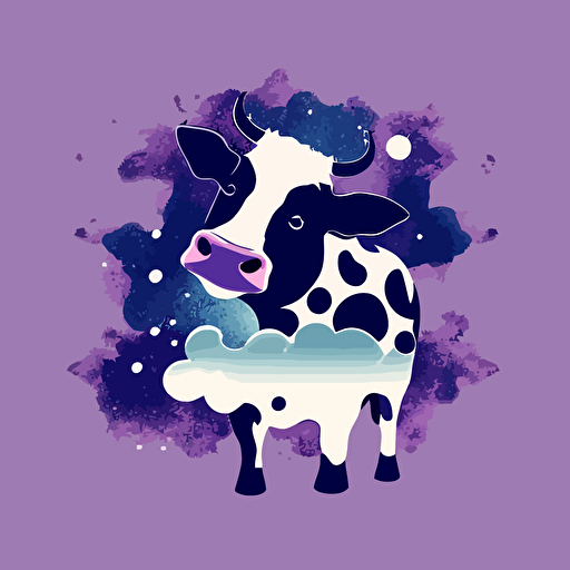 Simple 2d vector, Cow that have Albert Einstein face , backgound purple and space, style cute cartoon