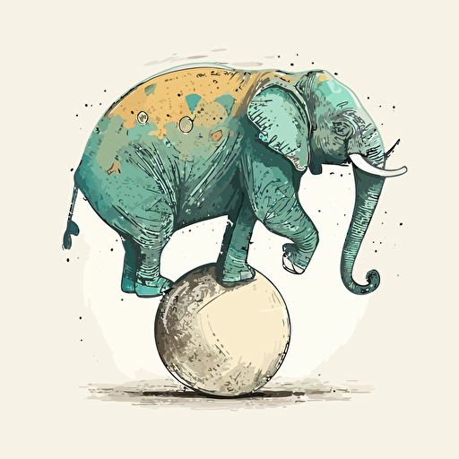 Un éléphant debout, en équilibre sur une grosse boule qui roule, dans un style de dessin vectoriel, très coloré