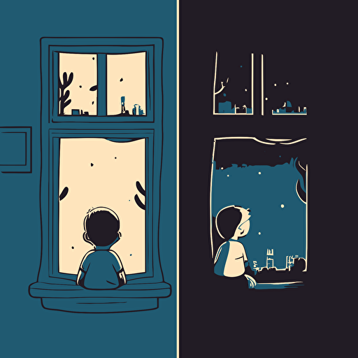 draw a 2D vector scene, cartoon, cute, happy about a boy on his back looking out the window at night, a simple drawing, in color but bordered with a black line, flat drawing and without details.