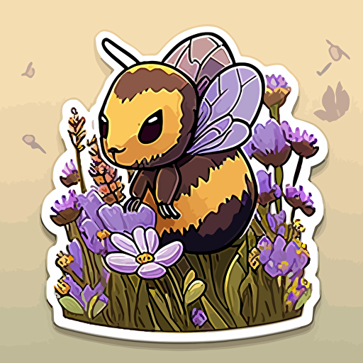 vector sticker design, cute cartoon kawaii style brown and yellow honey bee in a field of purple wildflowers