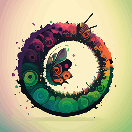 catterpillar transformation into butterfly, illustration, 2d, simple, vector art, creative, colorful, circular