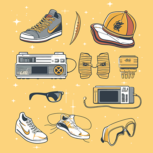 Gold rope chains, gazelle glasses, a boombox radio, LL's Kangol, graffiti, shell toe Adidas, Comic vector illustration style, flat design, minimalist logo, minimalist icon, flat icon, adobe illustrator, Simple