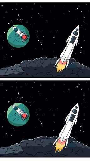 spaceship comics story of a starship rocket launching from ground, then flying in sky, going out of space and landing on moon, 2D, vector, simple