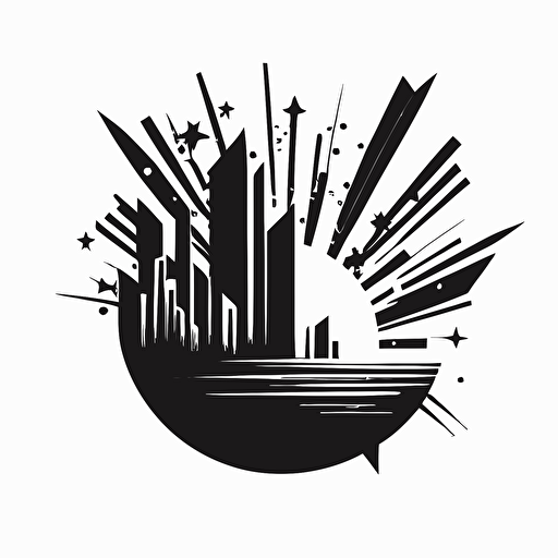 Simple abstract shapes, extremely simple geometric shapes, logo symbol, stamp, shining star over city in a sphere, black and white, vector, minimalistic,