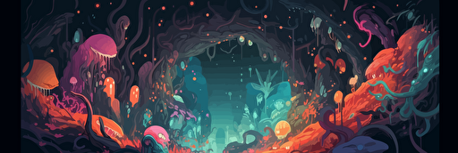 vector illustration style. A network of underground tunnels and caverns filled with glowing crystals and guarded by giant worms and other subterranean creatures