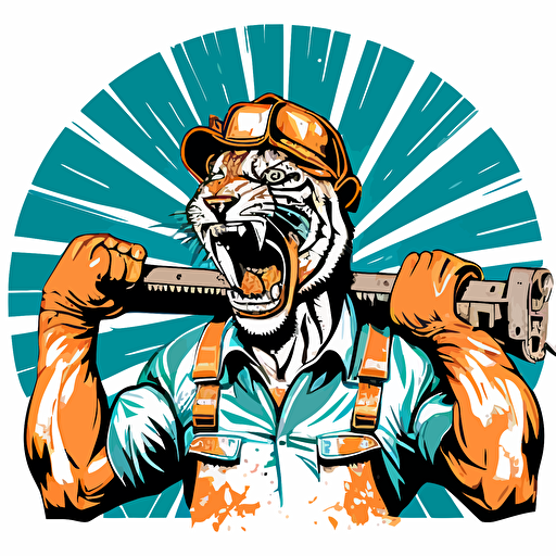 tiger head roaring with muscular man body and hard hat with large pipe wrench resting on shoulder in industrial background in the oil field, vector art, cartoon, white background, tough, dirty, mean, blue collar work, logo vector art**