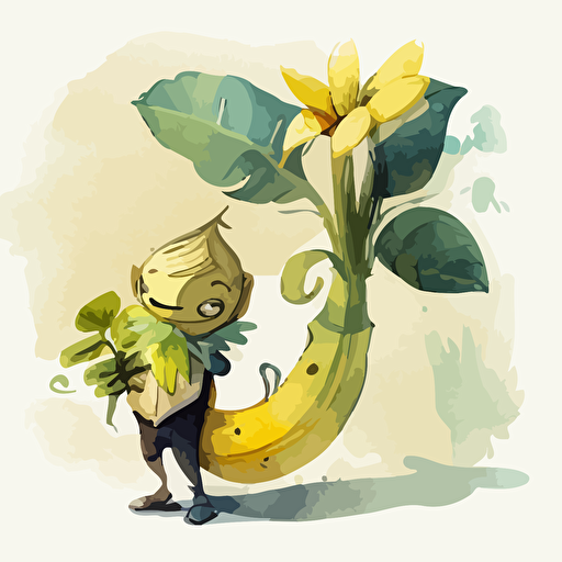 an anthropomorphic banana holding a monkey-plant hybrid in its hand, vector art , watercolor